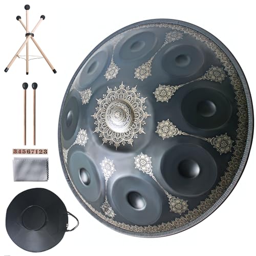 Panel de mano de 9 notas, D de acero menor, instrumento de percusión de mano con bolsa de mano, baquetas, trípode plegable y paño de limpieza (café)