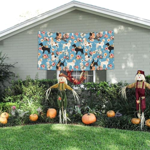 MINDBBDFJ Sweet Basset Hound Florals Print Banners And Signs For Outdoor/Indoor,Personalized Banner Customizable Parties Halloween Banner (180x90cm)3