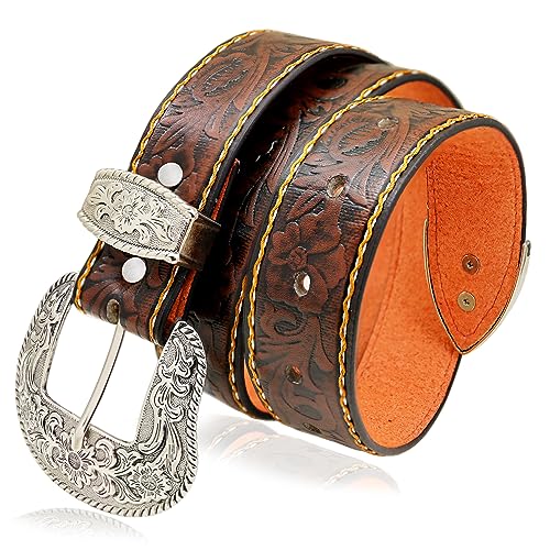 QuneusHot Western Floral Belt Cowboy Leather Brown Belts Cowgirl Vintage Country Embossed 1.5inch Wide Buckle for Women