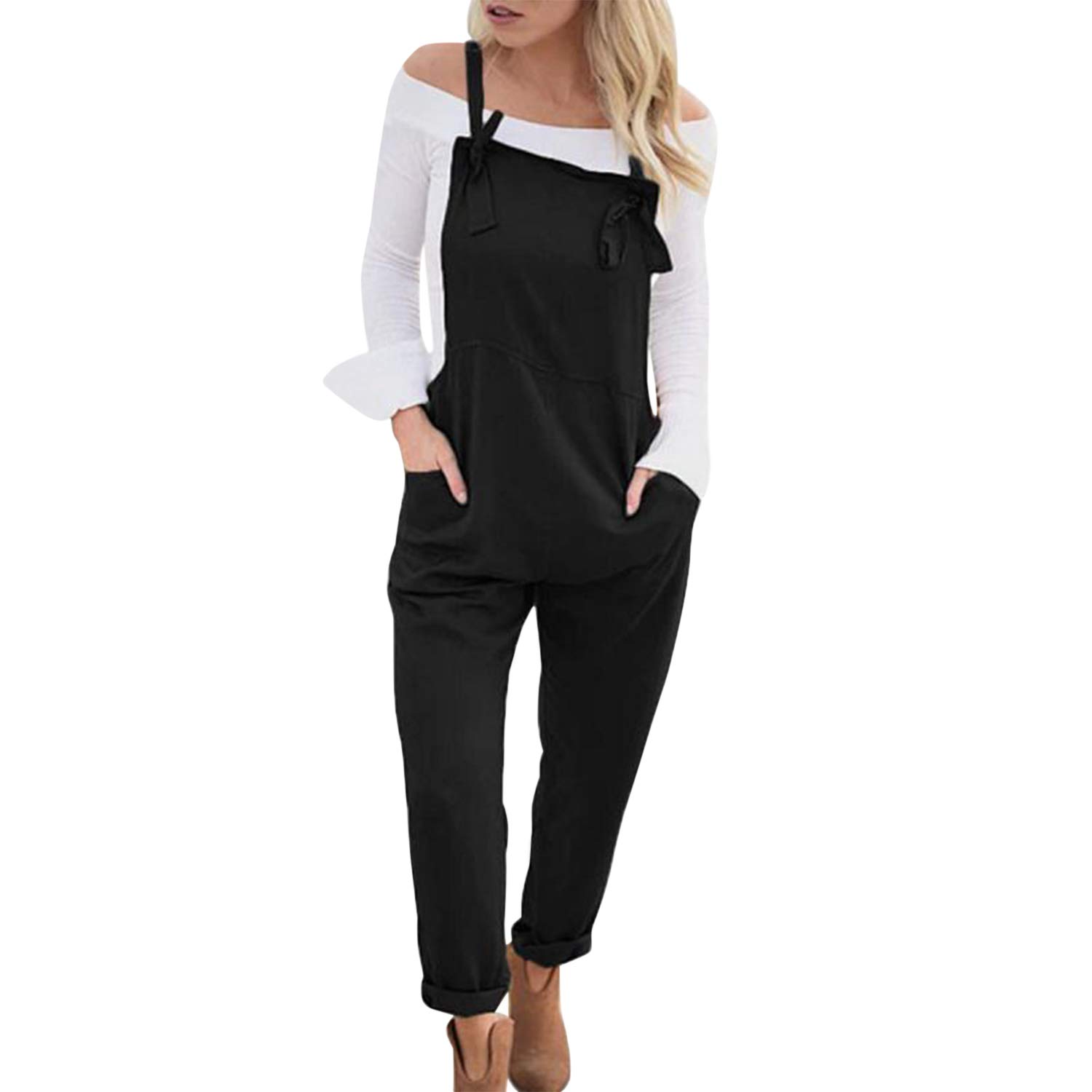 Runstarshow Womens Linen Overalls Baggy Adjustable Strap Sleeveless Jumpsuit Playsuit Bib Pants Dungarees with Pockets