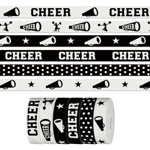 6 Pcs 3 Yards Sports Cheerleading Ribbon for Crafting Sewing, 3/8 Inch White Balck Grosgrain Ribbons...