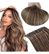 RUNATURE Highlight Hair Extensions Clip in Human Hair Dark Brown with Honey Blonde Clip on Hair E...