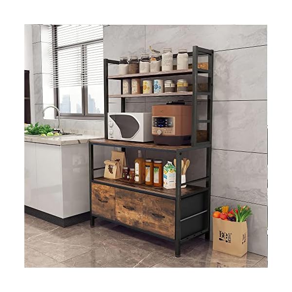Chnnmbrn Kitchen Bakers Rack with Draw Basket,5-Tier Free Standing Kitchen Storage Shelf Rack,Industrial Microwave Oven Stand,Metal Kitchen Rack Organizer with Hooks