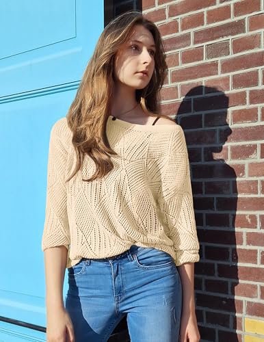 Image of Zeagoo Crochet Tops for Women Hollow Out Sexy Long Sleeve Mesh Knit Off The Shoulder Sweater Cruise Outfits Beige M