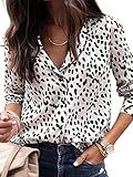CUPSHE Women Long Sleeve Button Down Tops Casual Loose Fit V Neck Animal Print Blouse White
