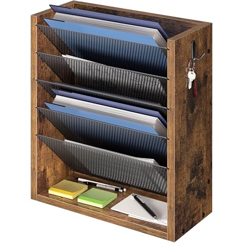 Creso hom Mail Organizer Wall Mounted, 6-Tier Wall File Organizer with 2 Hooks, Wooden Desk...