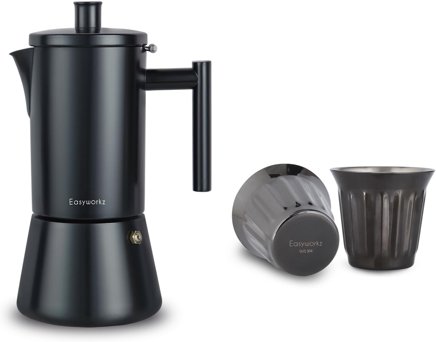 Easyworkz Diego Stovetop Espresso Maker Stainless Steel Bundled with Stainless Steel Double-Wall Espresso Cups