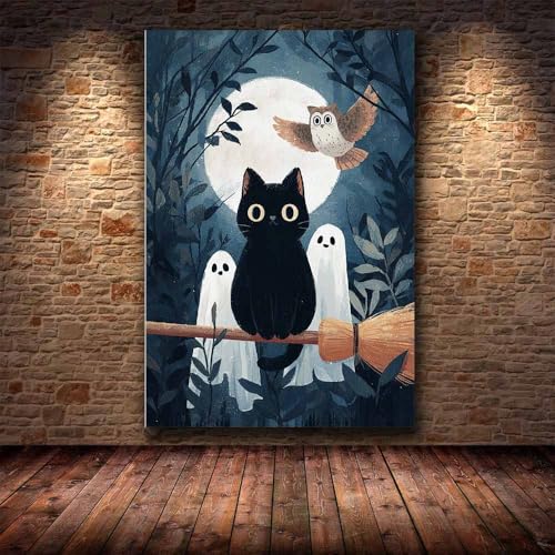 Toile Halloween chat noir et fantômes | Solution déco murale prête à suspendre - 4
