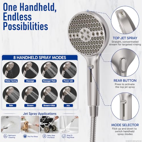 Image of Veken Nickel Filtered Shower Head with Handheld, Multi-pattern Shower Heads | 8-mode Rain Showerhead with Filter,9-mode Hand Held Shower Filter Head, High Pressure Jet Spray, No-drill Holder