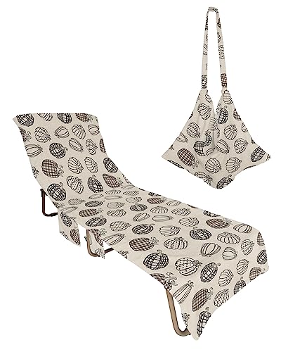 Thanksgiving Bohemia, Beach Lounge Chair Towel Cover, Soft Chaise Lounge Towel with Side Pockets Patio Pool Chairs Cover for Beach/Pool Sunbathing 29x85 Autumn Black Dot Plaid Pumpkins