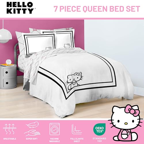 Image of Sanrio Hello Kitty Queen Comforter Set 7 Piece Bedding for Girls, White