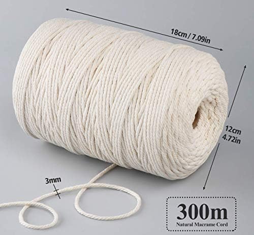 Przędza bawełniana do makramy, 3 mm x 300 m, naturalna przędza bawełniana, beżowa linka sznurkowa do majsterkowania, majsterkowania, zawieszenia na ścianie, do zawieszania, sznurka, do robienia na