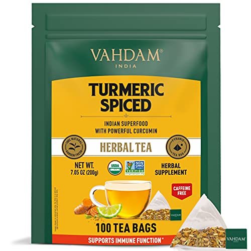 VAHDAM, Tisana de Cúrcuma Especiada (100 Bolsitas de Té) | Cúrcuma en Polvo y Especias Frescas | Infusión para Reforzar la Inmunidad y Perder Peso | Detox Natural