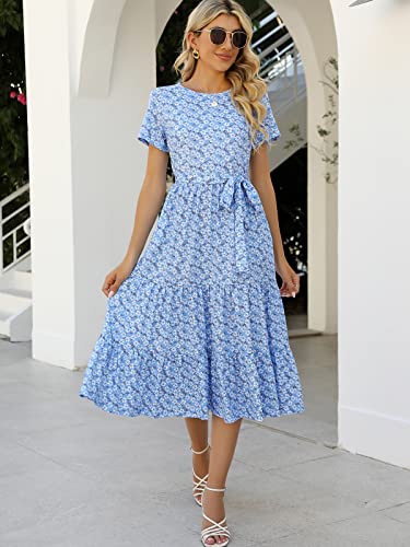 Lyrur Summer Dress Women Short Sleeve Belted Tiered Midi Babydoll Casual Summer Cotton Sundress With Pockets(L,9191-Blu Daisy) #TOP3