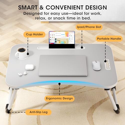 Image of Folding Lap Desk, 23.6 Inch Wood Laptop Bed Desk with Cup Holder, Portable Bed Table for Working Writing Reading, Eating for Bed, Floor, Sofa, Couch - Grey