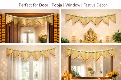 Image of Traditional Golden Beads Toran for Door | Green & Red Accent Bandarwal with Hanging Bells | 3 Feet Length, 7.5 Inch Height | Festive Door Decoration for Diwali, Pooja, Wedding & Griha Pravesh