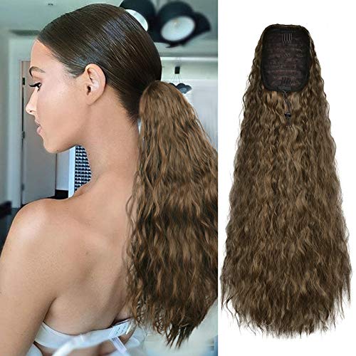 Sidaila 18 Inch Long Curly Drawstring Ponytail Hair Extensions Synthetic Corn Wave Ponytail Hairpieces for Black Women (Dark Brown & Light Auburn Mixed)