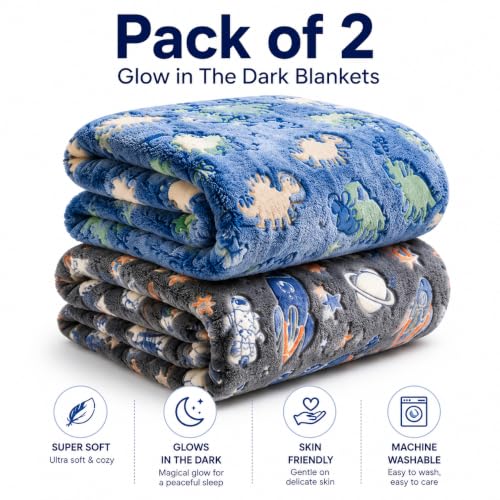 Image of Glow in The Dark Blanket for Kids Pack of 2 Soft Fleece Flannel Throw Blanket Blue & Grey Reindeer Snowflake Design Winter Blanket 150 x 200 cm
