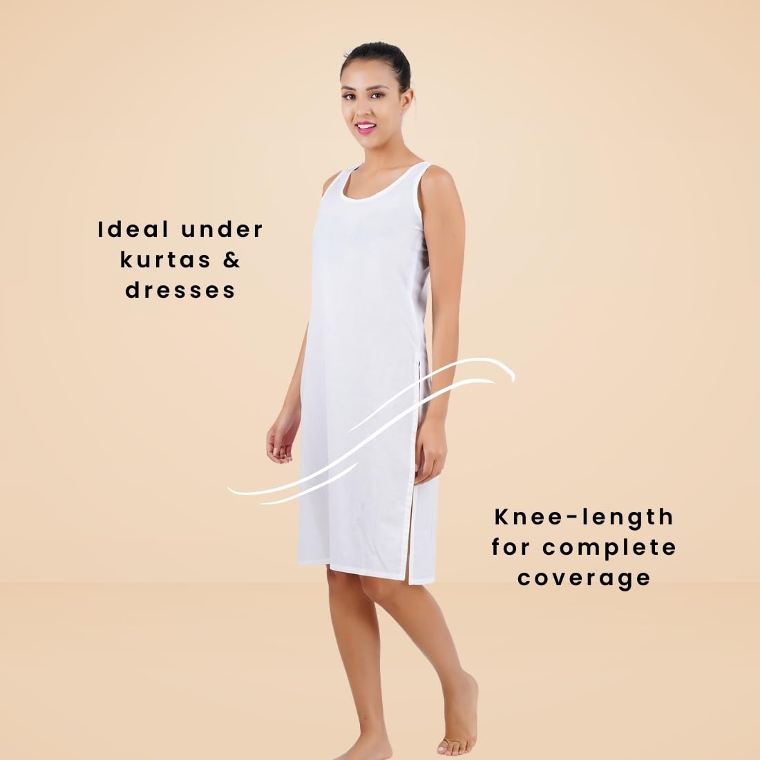 Happy Bunny Soft Cotton Knee Length Inner Slip for Women, Sleeveless Non-Stretch Camisole for Kurti, Dress & Chikankari Suit Lining, Fresh Guard Treated (MED, Blanco White) - Image 6 thumbnail