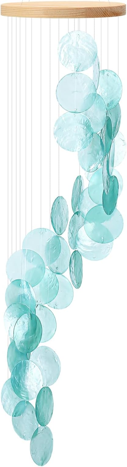Wenqik Seaglass Wind Chimes Sea Glass Shell Windchime Spiral Wind Chimes for Outside Beach Gift Indoor Outdoor Home Housewarming Garden Decor