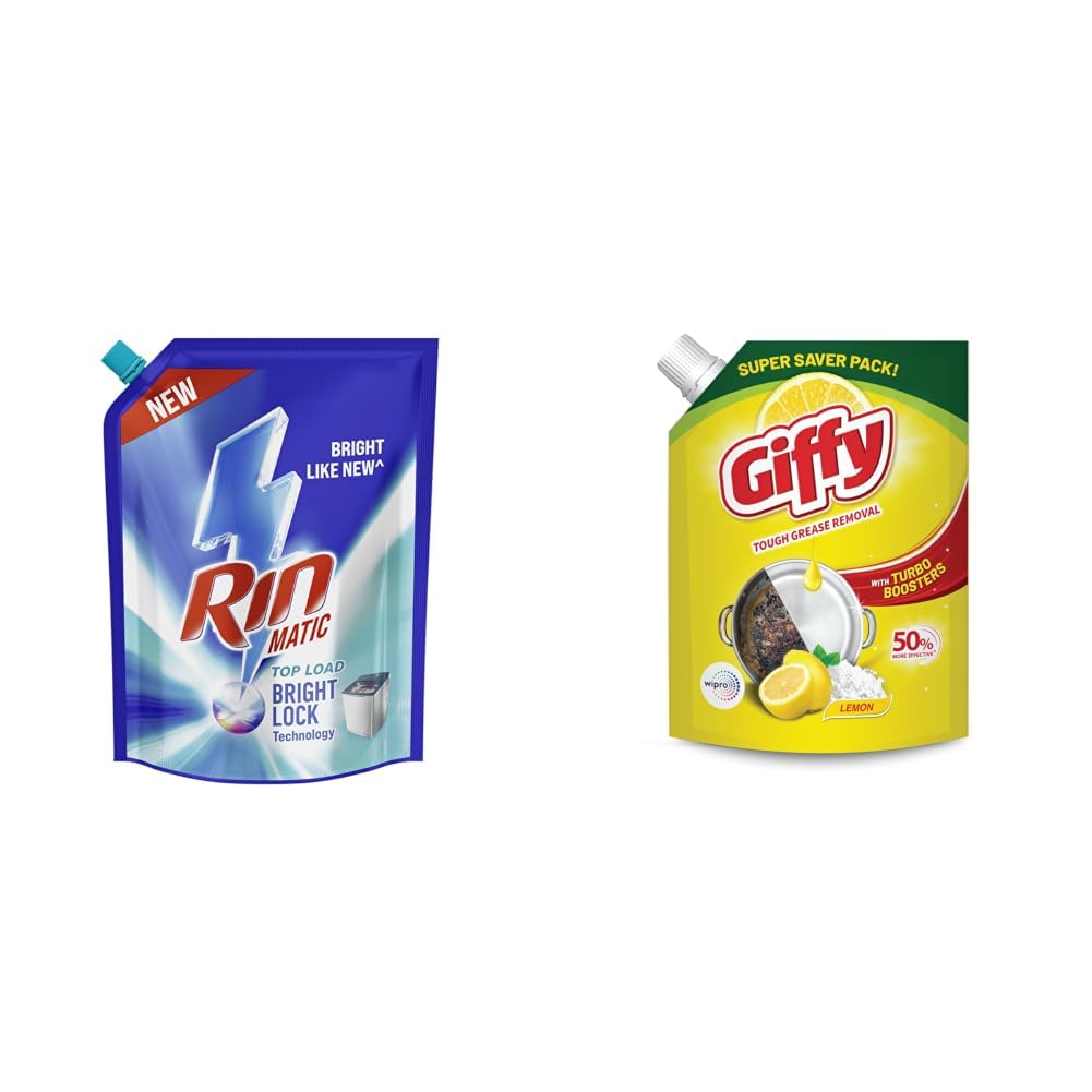 RIN Matic Liquid Detergent, 2Kg, for Dazzling Brightness, with Bright Lock Technology, Long-Lasting Fragrance, for Top Load Washing Machines & Giffy Liquid Dishwash Gel 2 Litre | Lemon and Active Salt-image-49