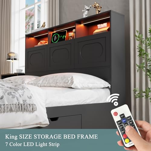 Image of 3 Pieces Bedroom Set, Queen Size Bed Frame with Storage Headboard, 2 Nightstands with Charging Station, Black