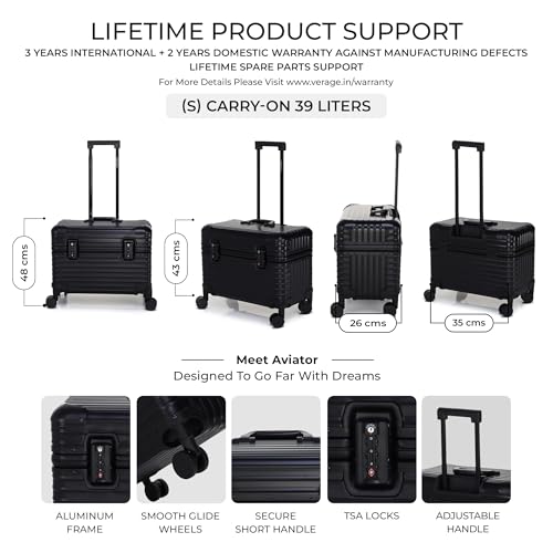 Image of Verage Luxe Aviator 18 inch 100% Aluminum Hardside Spinner Luggage with Multi-Directional Wheels and Telescoping Handle (Black)