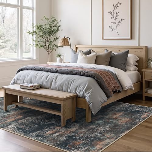 Area Rugs 10x14 for Living Room Bedroom, Modern Abstract Machine Washable Rug, Large Soft Low Pile Floor Cover with Non Slip Backing for Dining Room, Dark Blue Rust