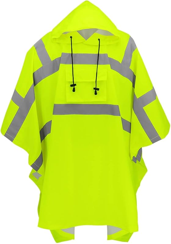 GGS Poncho de Lluvia - Alta Visibilidad, Reflectante, Resistente al Viento e Impermeable con Capucha con cordón, Equipo de Lluvia para construcción, Camping, Pesca, Senderismo, Talla única