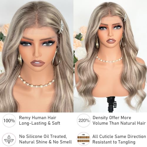 Image of Ash Blonde Highlight Wave Glueless Lace Front Wig 13x4 24in 220% | 100% Remy Human Hair, UHD Transparent Lace, Salon Dyed Highlight Color, Glueless Adjustable Cap, Daily Party Club