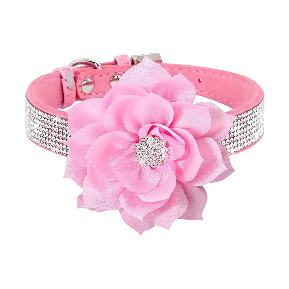 FSSTUD Bling Rhinestone Dog Collar Big Flower Puppy Collar Suede Leather Small Dog Collar Female Dog Neck Collar Adjustable Cat Crystal Collar Sparkly Pet Collar for Wedding Party XS