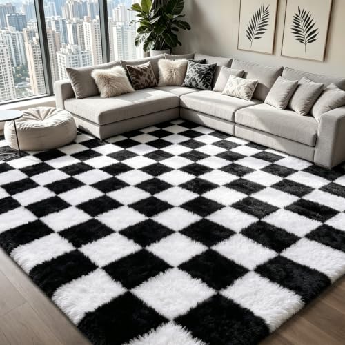 Checkered Area Rugs for Bedroom Living Room,4x6 Black and White Fluffy Soft Checkered Rug Fuzzy Shag Shaggy Carpet, Indoor Plush Floor Rugs for Teen Dorm Home Decor
