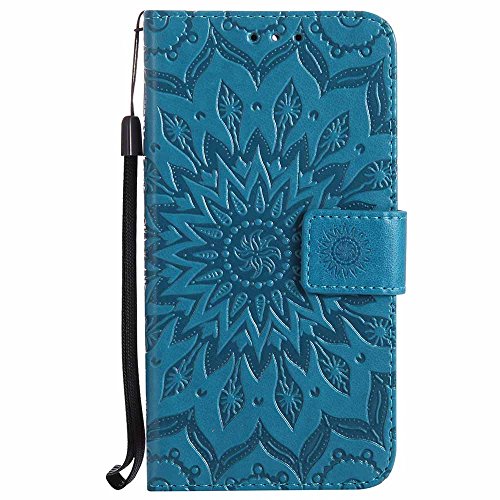 Dfly Funda Huawei Y5 2017 / Y6 2017, PU Cuero Diseñado en Relieve Datura Flores Carcasa Invisible Fuerte Hebilla Magnética de Imán Super Delgado Flip Folio Caja Cartera, Azul