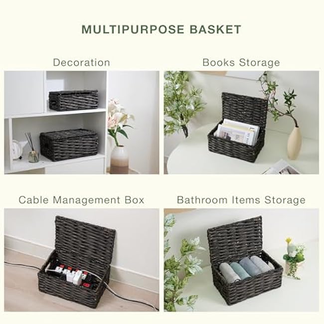 Wicker Basket with Lid - Decorative Storage Boxes for Home Decor, Shelves - Woven Basket with Lid - Wicker Decor - Rattan Box - Decorative Bins with Lids (Black)