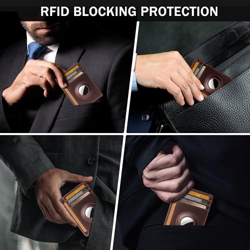 Hawanik Wallet with Airtag Holder Genuine Leather Wallets Slim Minimalist Card Holder RFID Blocking Card Wallet Compatible with AirTag4