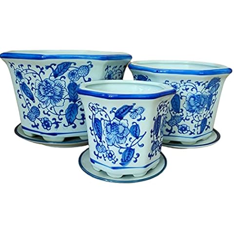 Small Ceramic Flower Pot Set of 3 Chinese Oriental Blue and White Porcelain Plant Pots with Saucer for Garden and Indoor Cover