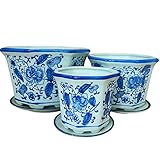 jdzjybqx Small Ceramic Flower Pot Set of 3 Chinese Oriental Blue and White Porcelain Plant Pots with Saucer for Garden and Indoor