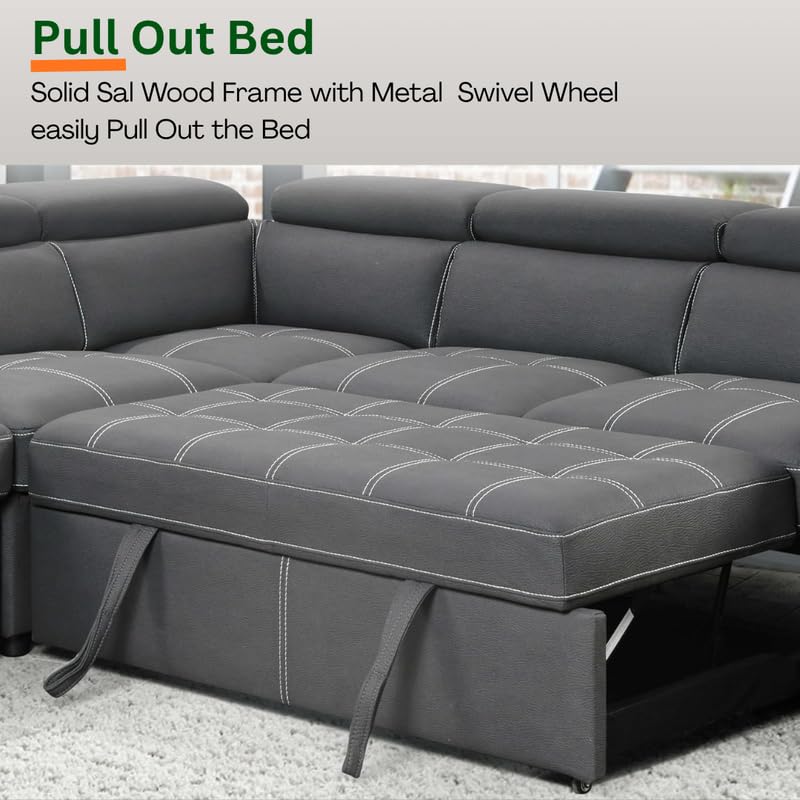 Image of Homax. - Rumi1L-Shaped Sectional Sleeper Sofa Couch in 5 piece with Pull-Out Bed, Storage Ottoman & Adjustable Headrests, Leatherette upholstered, Left-Facing Chaise, Beige
