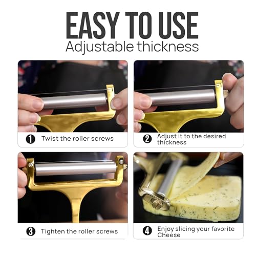 Image of Zulay Kitchen Cheese Slicer With Adjustable Thickness - Heavy Duty Block Slicer with 2 Extra Wires - Ideal for Mozzarella, Cheddar, Gouda - Gold