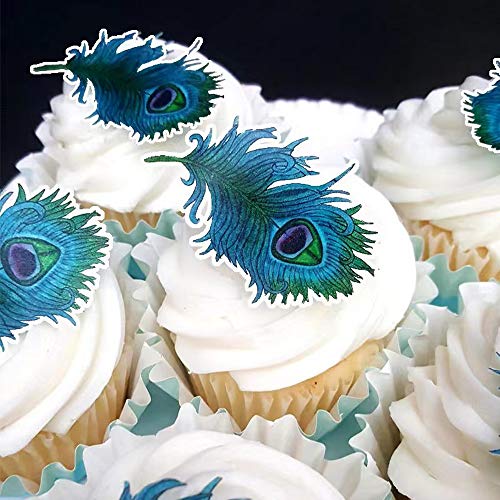 CHOCKACAKE 30x Edible Wafer Paper Blue Peacock Feather for Cake Cupcake Toppers/Decorations Wedding Party Cake Decoration