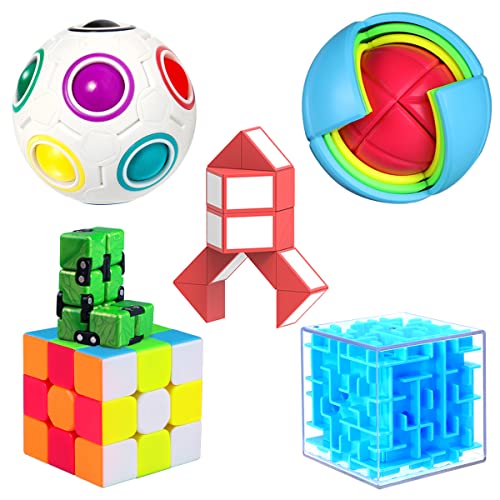 6 Pack Brain Teaser Puzzles Toy Set, Vdealen Brain Teaser Toys Bundle of 3x3x3 Speed Cube, 3D Maze Magic Box, Rainbow Ball, Wisdom Ball, Magic Snake Cube, Infinity Cube 3D Puzzle Toys for All Age