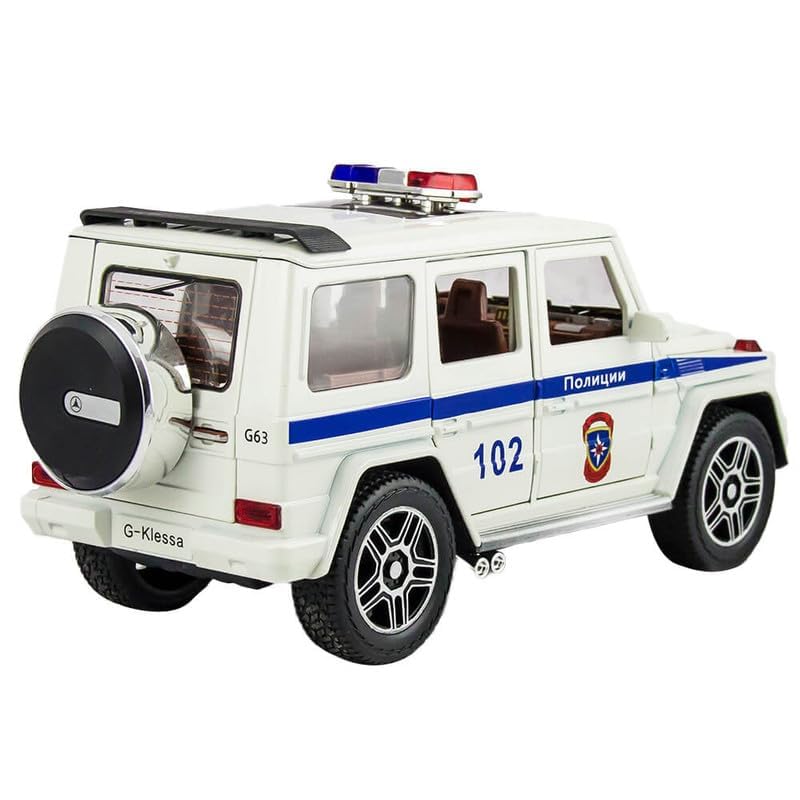 Image of New 1:24 G Wagon Police Jeep Diecast Alloy Metal Pull Back Car with Openable Doors Music Sound and Light Vehicle Toy Car for Kids Boys (White)