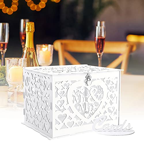 Image of Ywlake Wedding Money Box Holder with Sign, Large Rustic Wood Wooden DIY Envelope Gift Post Card Boxes with Lock Slot for Reception Anniversary Graduation Birthday Party Parties (Mr & Mrs, White)