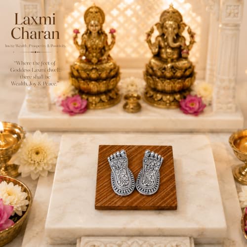 Image of DIVINITI 999 Silver-Plated Laxmi Charan Paduka with Luxury Gift Box | Vastu-Compliant Lakshmi Charan Paduka for Wealth, Prosperity & Positive Energy | Home Temple, Diwali & Housewarming Gift(7X3CM)