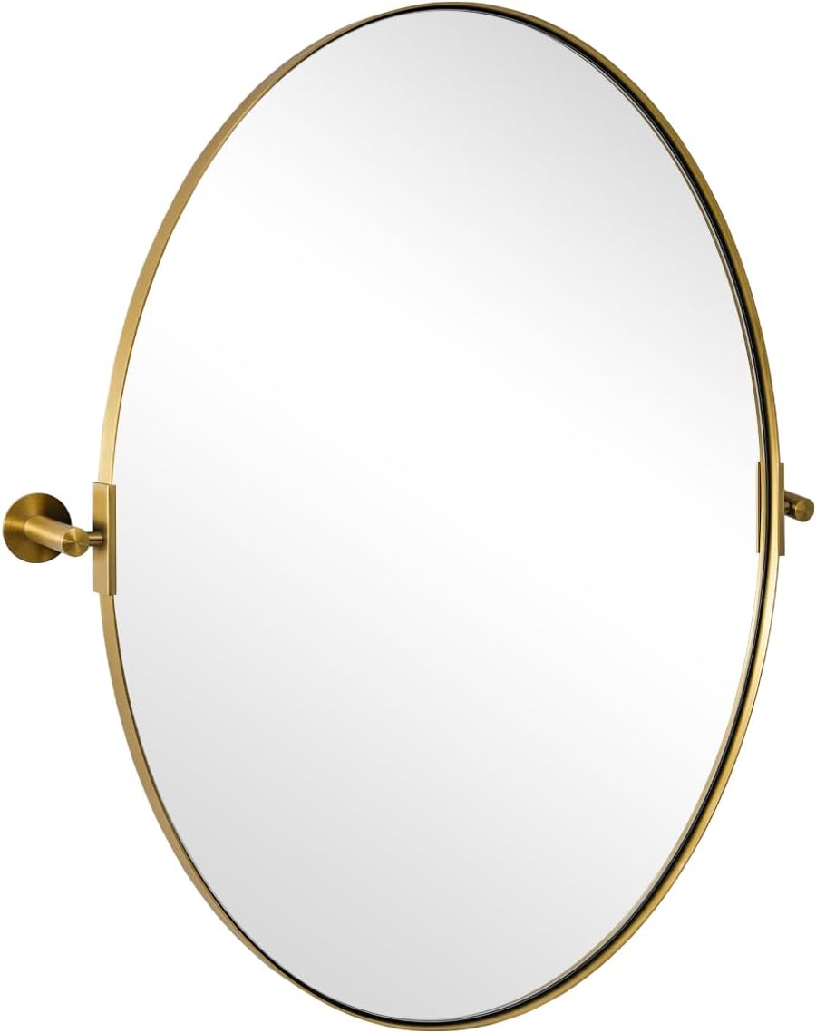 ANDY STAR Gold Bathroom Mirror, 24" x 32" Tilting Vanity Oval Mirror for Wall, Brushed Gold Stainless Steel Metal Frame Pivot Mirror Hangs Vertically Wall-Mounted
