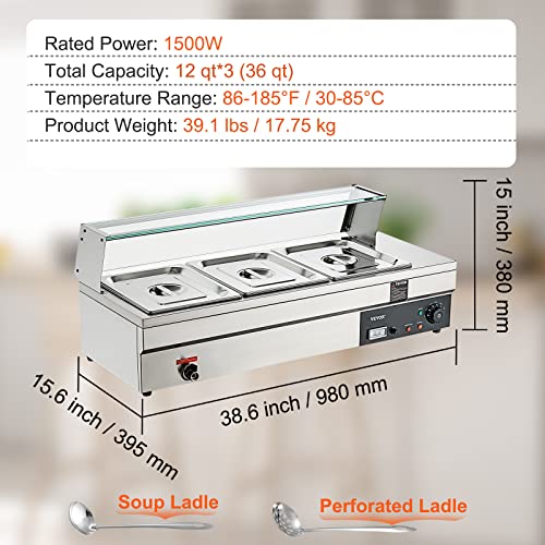 Image of VEVOR 3-Section Electric Food Heating Station, 3 x 12QT, 1500W, Stainless Steel Buffet Server with Glass Lid, Temperature Range 86-185F, Ideal for Catering and Dining Establishments, Silver
