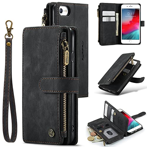 UEEBAI Wallet Case for iPhone SE 2022 5G/iPhone 7/iPhone 8/iPhone SE 2020, Handmade PU Leather Phone Case Card Slots Magnetic Zipper Pocket Kickstand Cover Flip Case for iPhone SE3/SE2 -Vintage Black