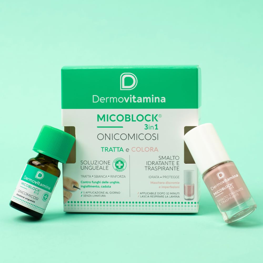 Dermovitamina Micoblock 3in1 Onicomicosi - Soluzione Ungueale Micosi + Smalto Curativo Nude - Tratta e Colora - Smalto Rinforzante Unghie Fragili - Antimicotico Unghie e Piedi - Gel 7 ml + 5 ml