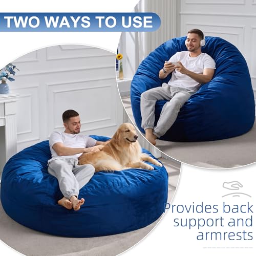 Image of Hobestluk Giant Bean Bag Chairs 6FT Oversized BeanBag Chair for Adult Jumbo | Memory Foam,Washable Cover,Velvet Fabric,Storage Pocket,Handle,Bedroom Living Room Bean Bag Bed Reading Gaming | Blue 6FT