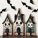 Redbaker 3 Pieces Halloween Table Decorations Haunted House Wooden Block Sign Halloween Tiered Tray Decor Rustic Farmhouse Pumpkin Ghost Centerpieces for Home Shelf Desk Mantel Tabletop Party Decor